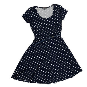 Impress Fit & Flare Dress Women's Medium Blue Polka Dots Round Neck Belted